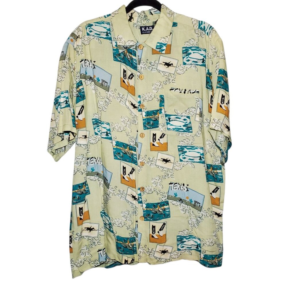 VTG K.A.D. Texas Hawaiian Shirt Men's XL Green AOP Western Cowboy Camp Floral